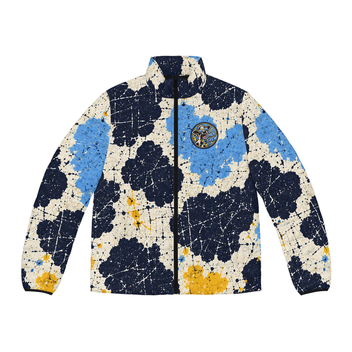 Moo Crew Call The Herd Puffer Men’s Abstract Blue, Navy & Yellow Printed Puffer Jacket