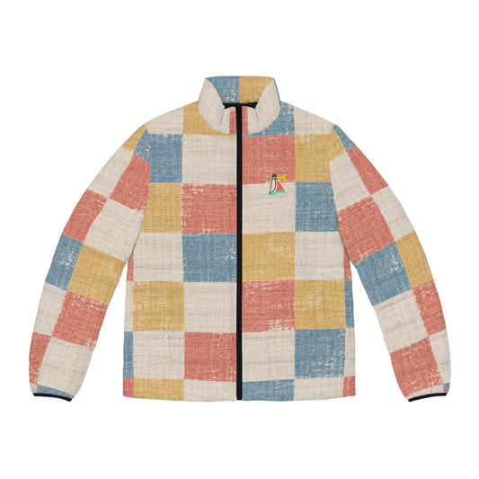 Beach Club Collective Cabana Patchwork Puffer Jacket with Colorful Sailboat Chest Logo