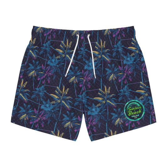 Palm Nightscape Swim Trunks — Retro Neon Palm Tree Beach Shorts