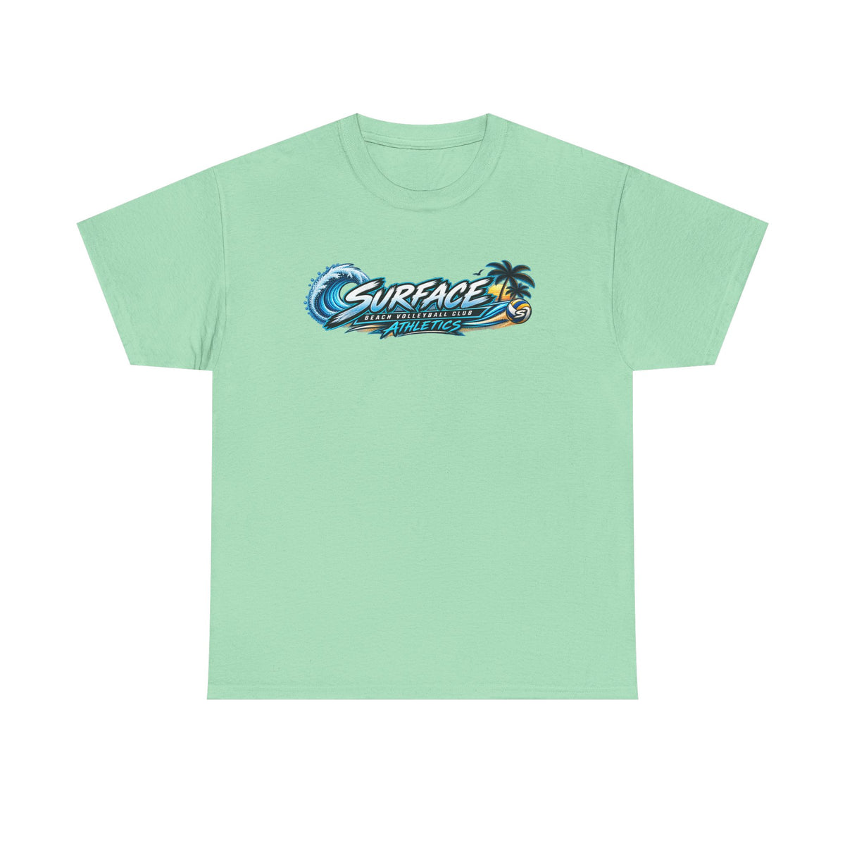 Surface Beach Volleyball Tee — Sunset Wave Palm Graphic T‑Shirt