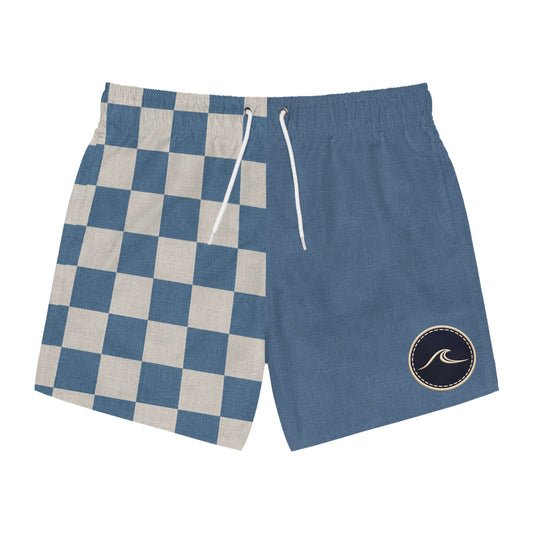 Surfache Club Checkerboard Split Swim Trunks — Retro Surf Logo Swim Shorts