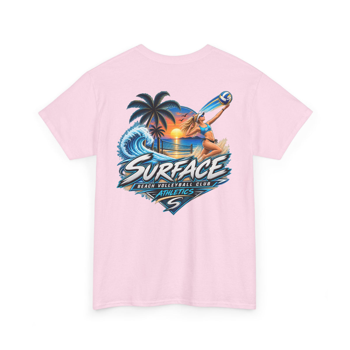 Surface Beach Volleyball Tee — Sunset Wave Palm Graphic T‑Shirt