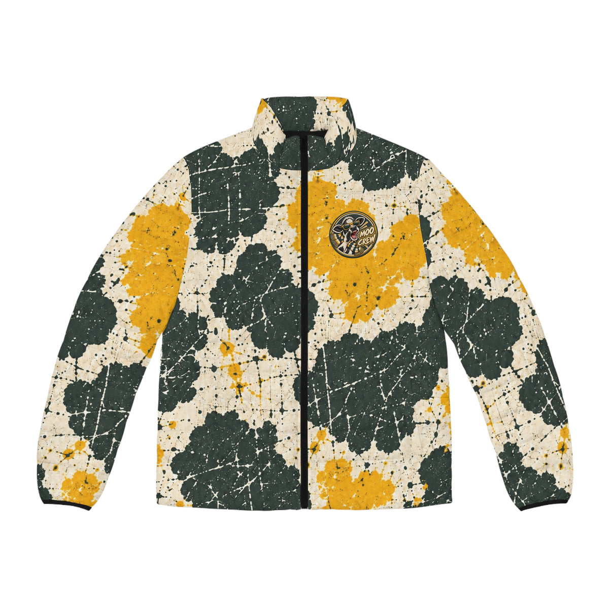 Moo Crew Call The Herd Puffer Throwback Colorway Men’s Abstract Blue, Navy & Yellow Printed Puffer Jacket