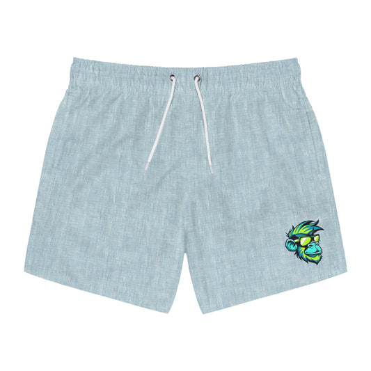 Light Blue Linen Swim Trunks with Tropical Monkey Patch — Men's Beach Shorts