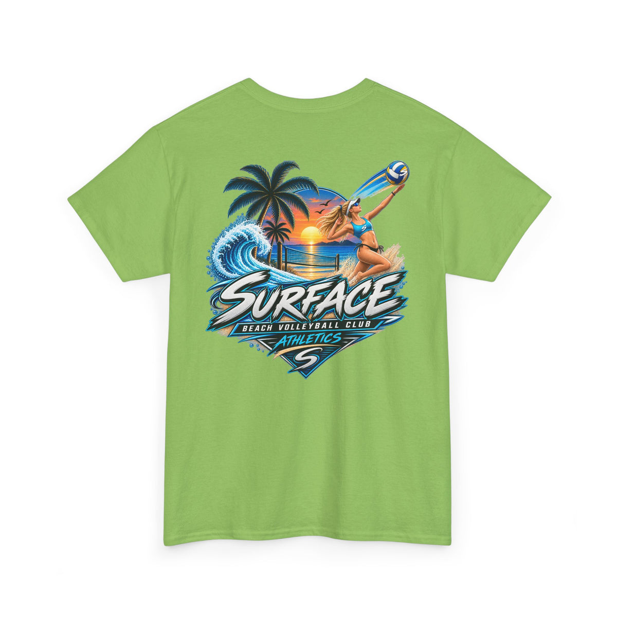 Surface Beach Volleyball Tee — Sunset Wave Palm Graphic T‑Shirt