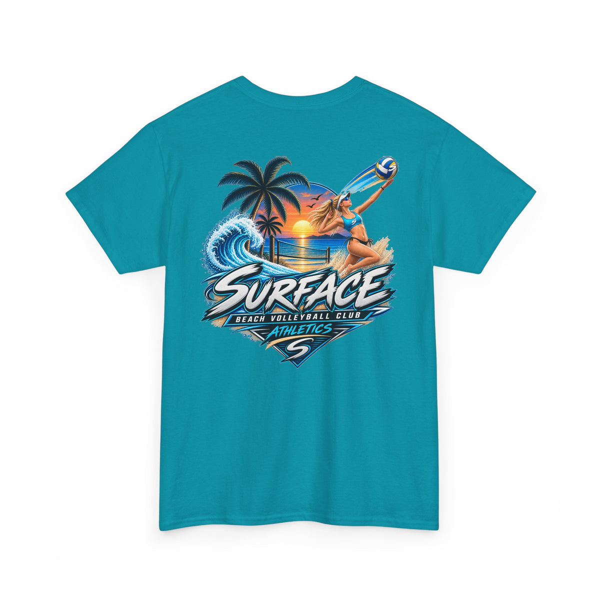 Surface Beach Volleyball Tee — Sunset Wave Palm Graphic T‑Shirt