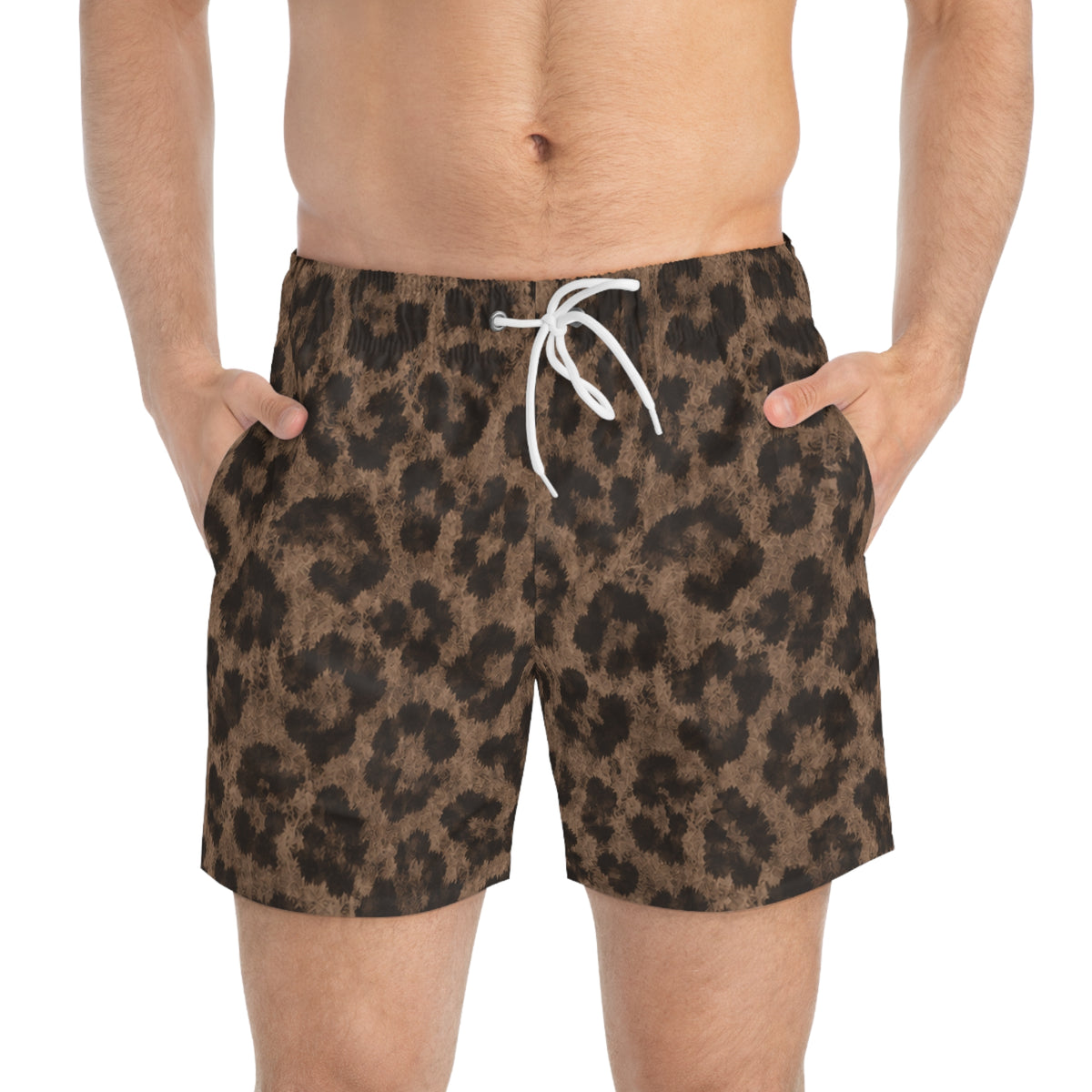 Leopard Print Swim Trunks — Brown All-Over-Print Beach Shorts
