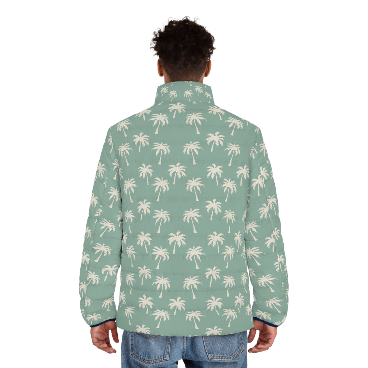 Palm Pattern Puffer Jacket — Green Tropical Print Men’s Puffer