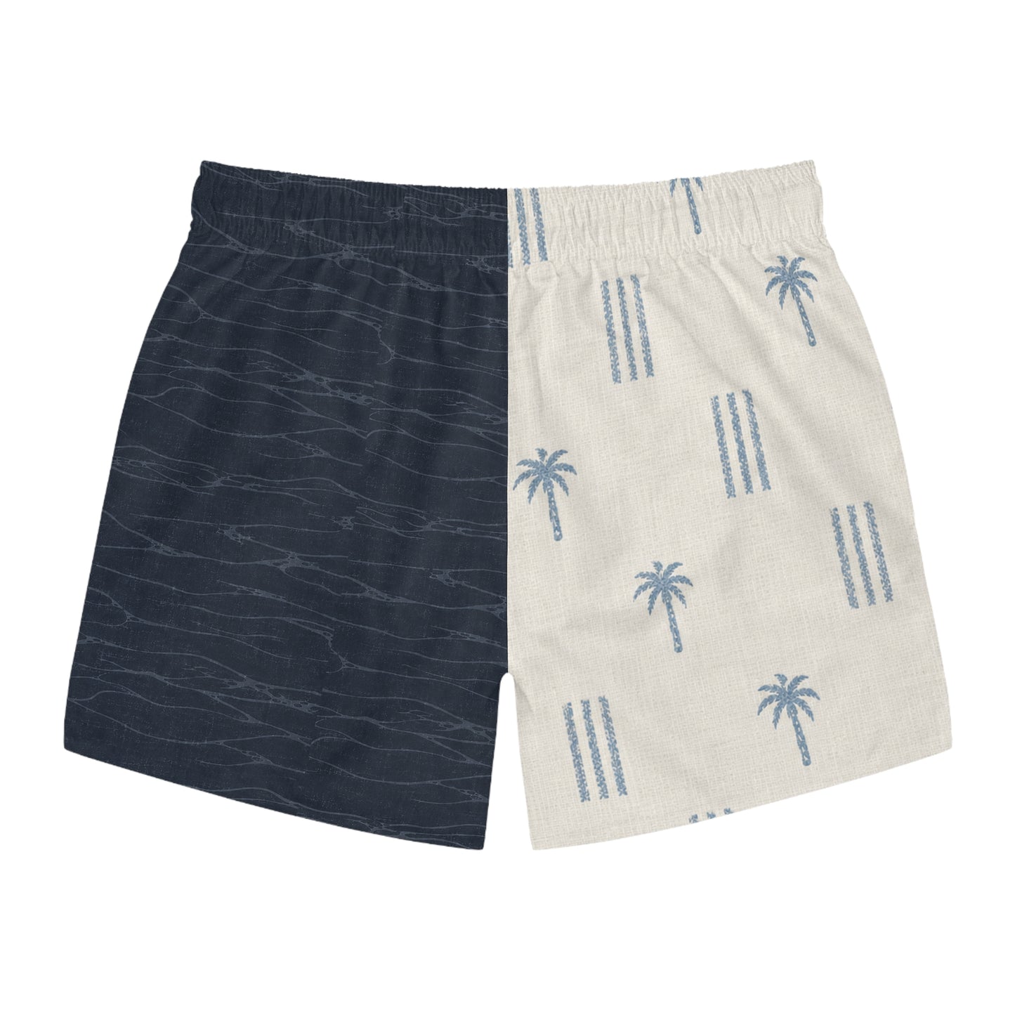 Surfache Split Palm-Stripe Swim Trunks — Retro Navy & Sand All-Over Print