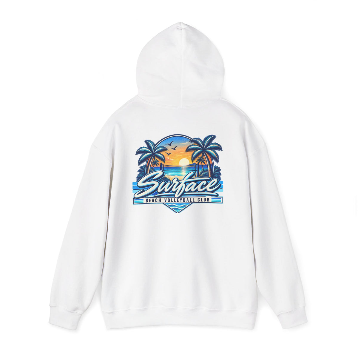 Surface Beach Club Hoodie — Retro Palm Sunset Surf Graphic