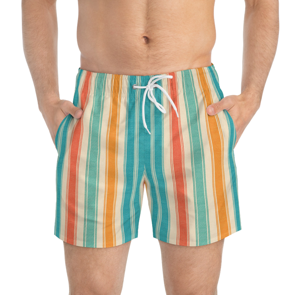 Retro Beach Stripe Swim Trunks — Teal, Coral & Mustard All-Over Print