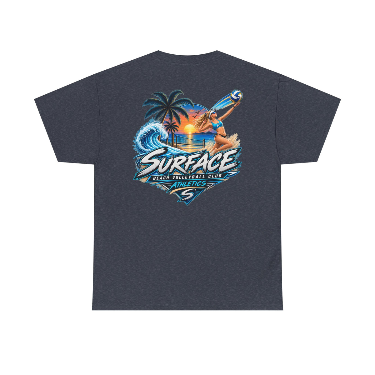 Surface Beach Volleyball Tee — Sunset Wave Palm Graphic T‑Shirt