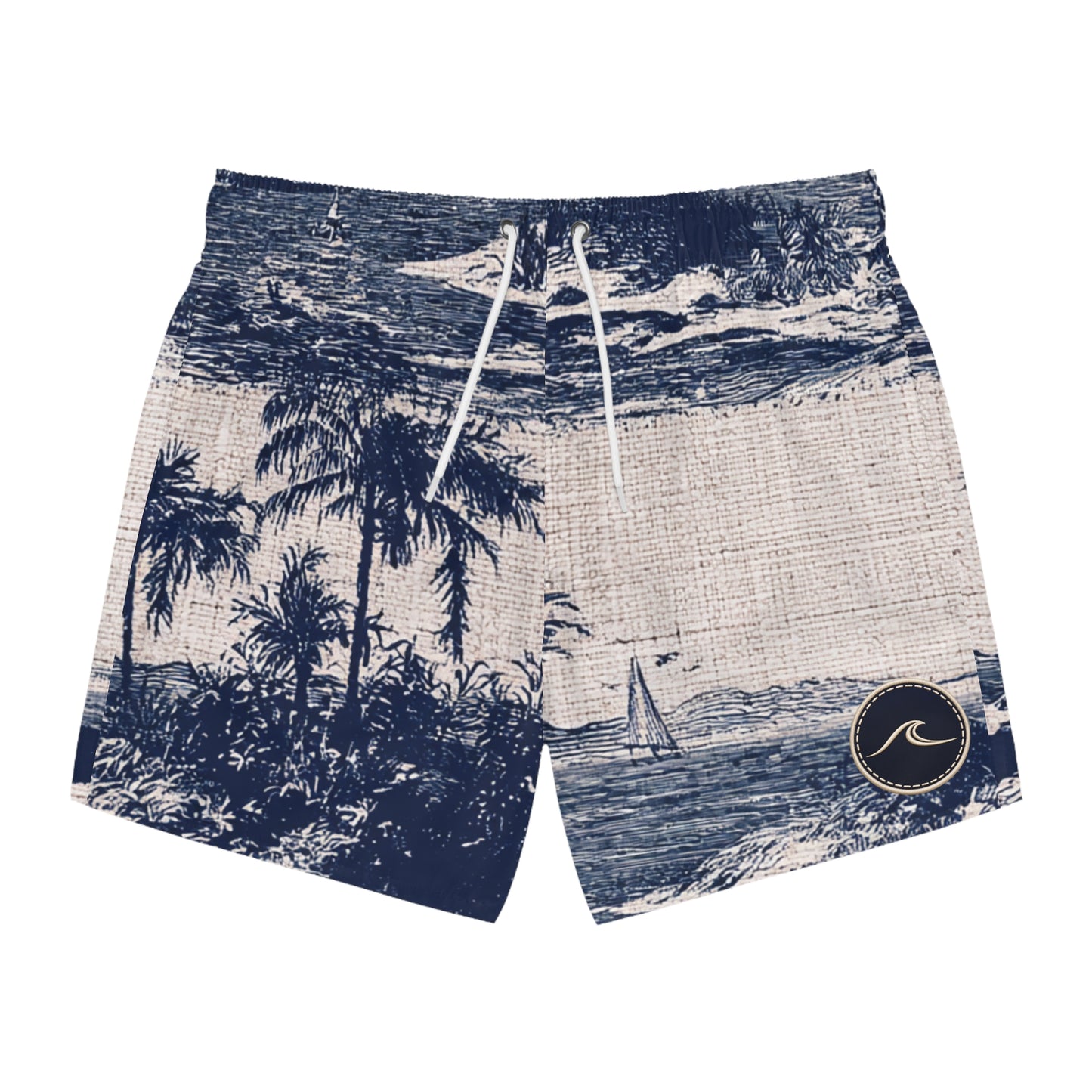 Surfache Vintage Coastal Swim Trunks — Retro Palm Tree & Sailboat Print