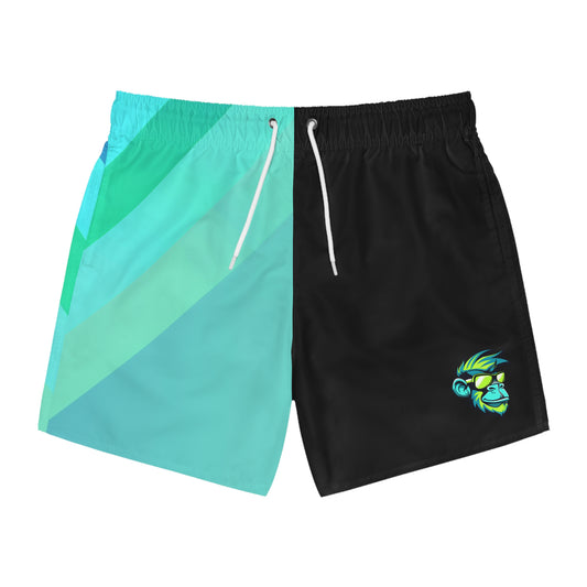 Men's Split-Panel Swim Trunks — Teal Gradient with Small Tropical Monkey Logo