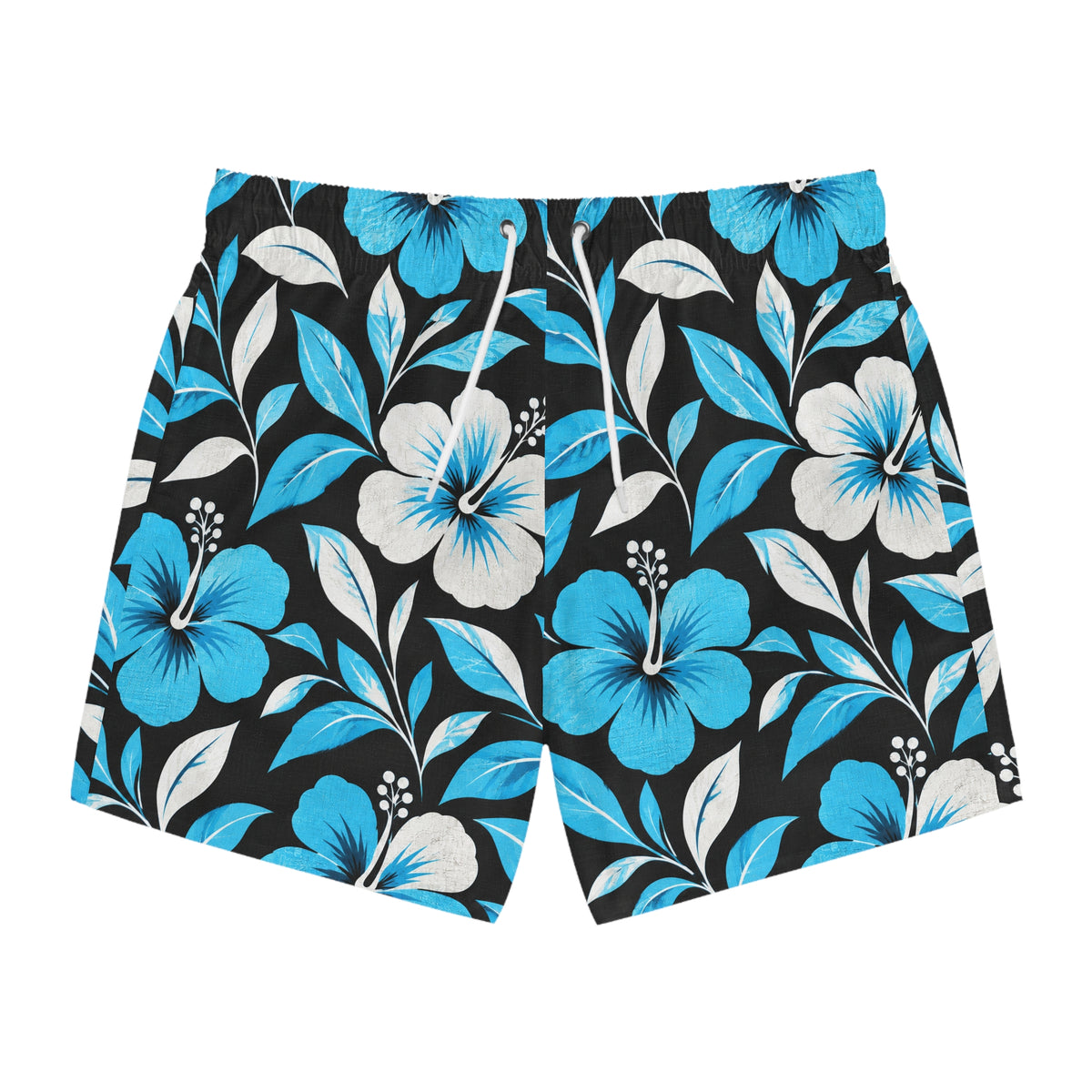 Hibiscus Floral Swim Trunks — Blue & White Tropical Beach Shorts