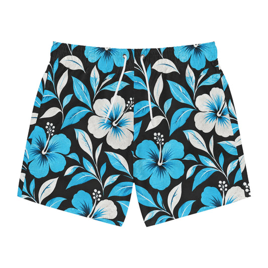 Hibiscus Floral Swim Trunks — Blue & White Tropical Beach Shorts