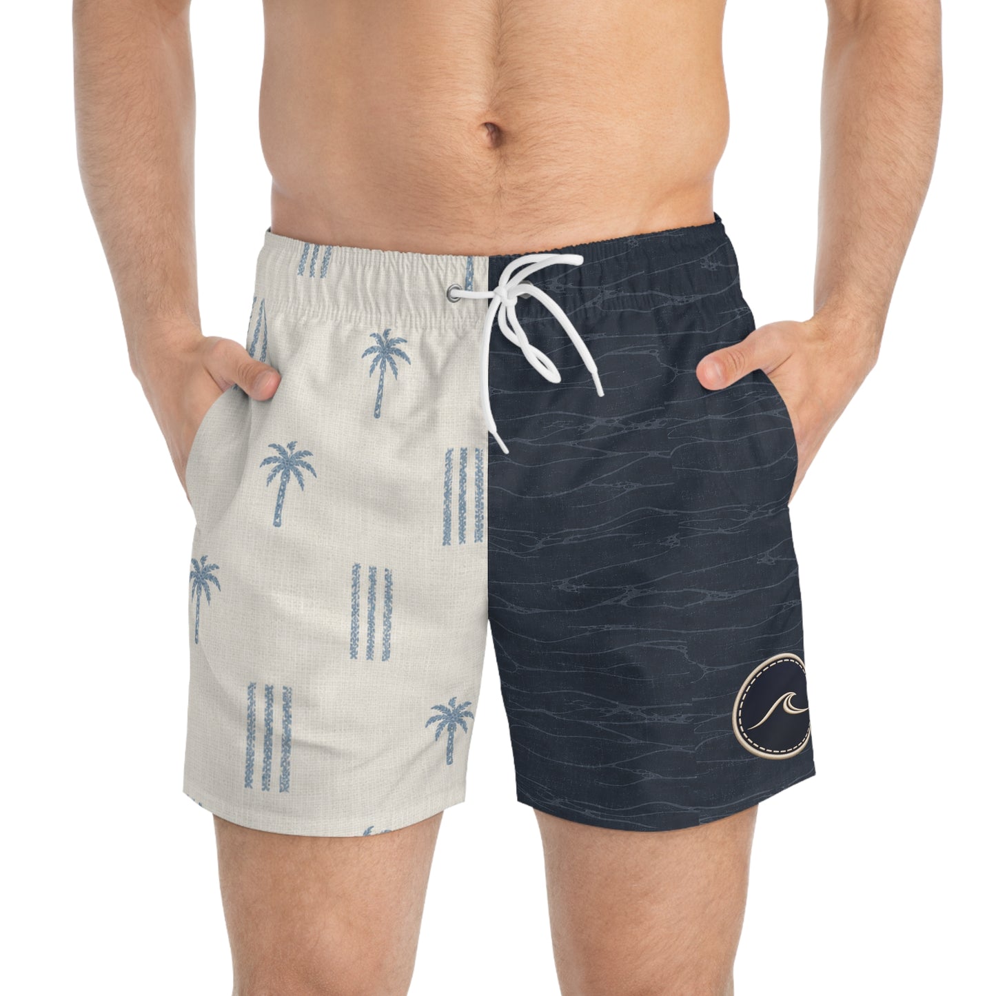 Surfache Split Palm-Stripe Swim Trunks — Retro Navy & Sand All-Over Print