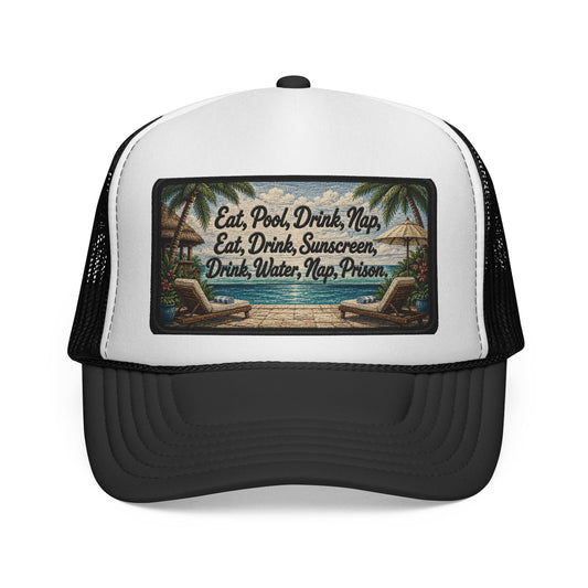 Surfache Trucker Cap — "Eat, Pool, Drink, Nap" Tropical Vacation Mesh Hat
