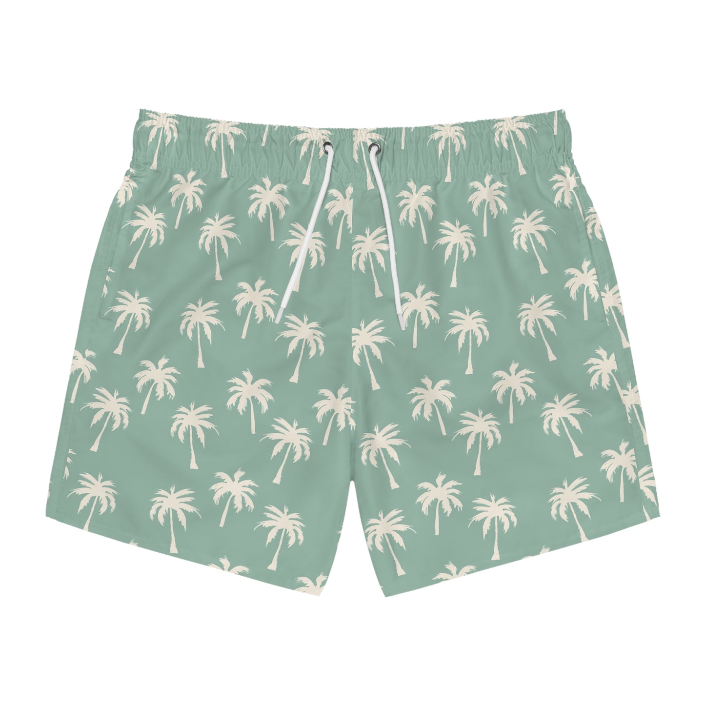 Palm Tree Swim Trunks — Mint All-Over-Print Beach Shorts