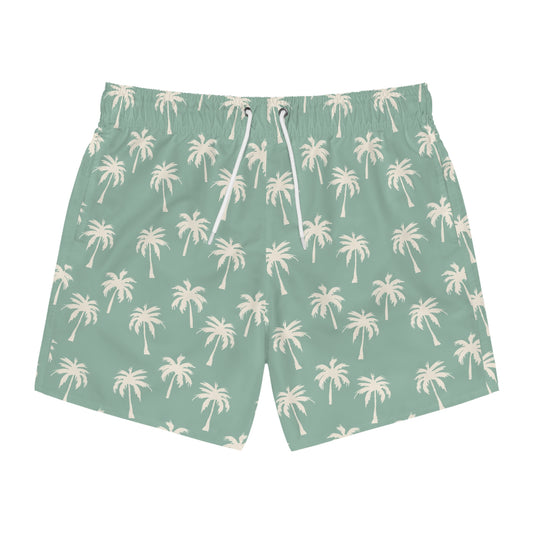 Palm Tree Swim Trunks — Mint All-Over-Print Beach Shorts