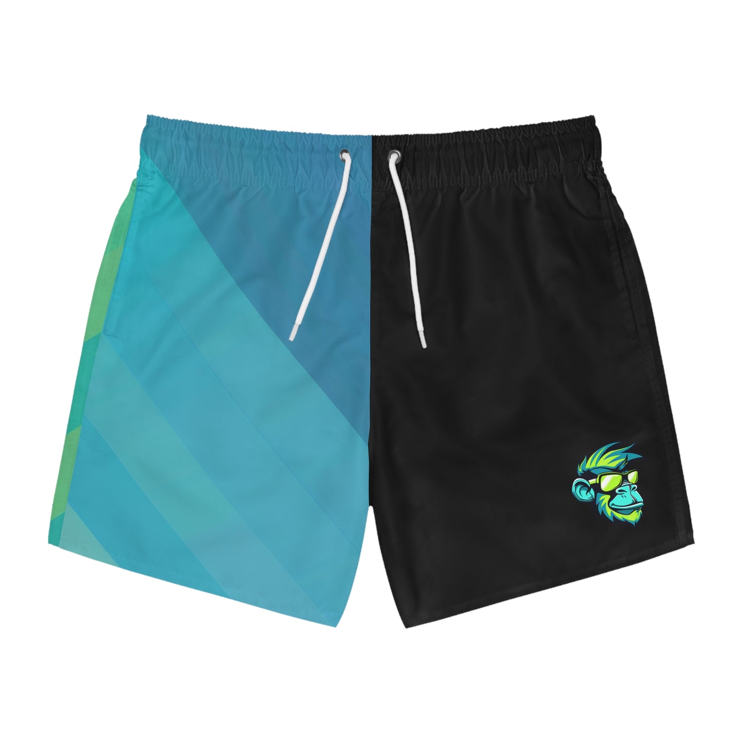 Colorblock Swim Trunks with Neon Monkey Logo — Men's Beach Shorts