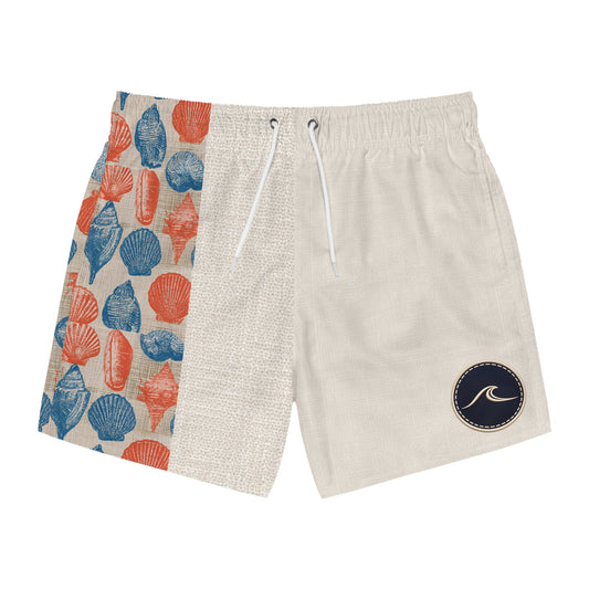 Sanibel Island Inspired Beach Shell Print Swim Trunks – Coral & Navy Split Design