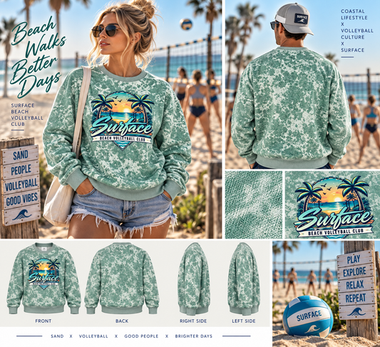 Surface Acid Washed Sublimated Recycled Sweatshirt — Retro Beach Volleyball Club Graphic Crewneck