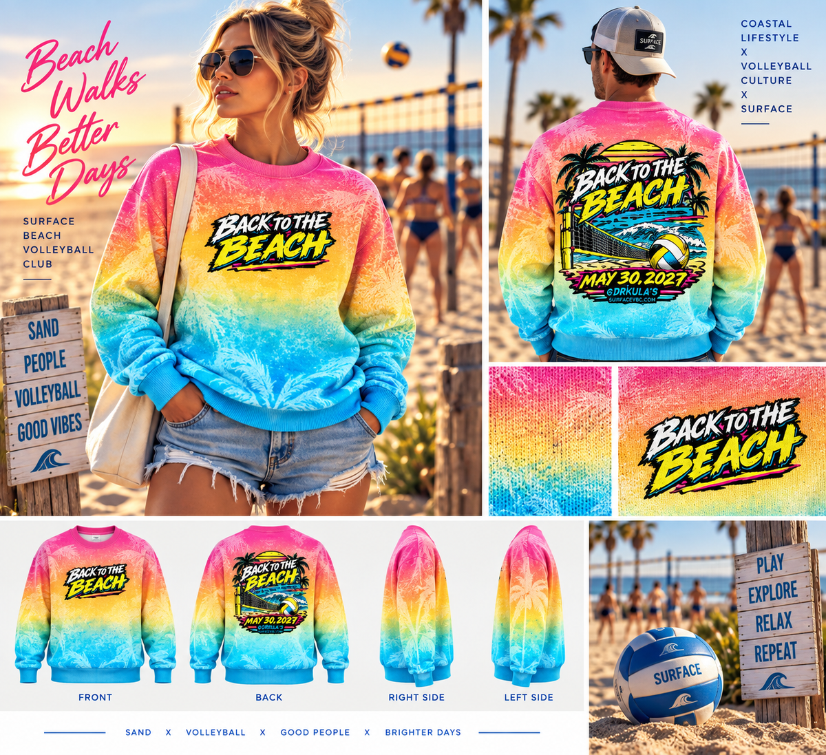 Back to the Beach Tournament Event Recycled Sweatshirt — Tropical Sunset AOP