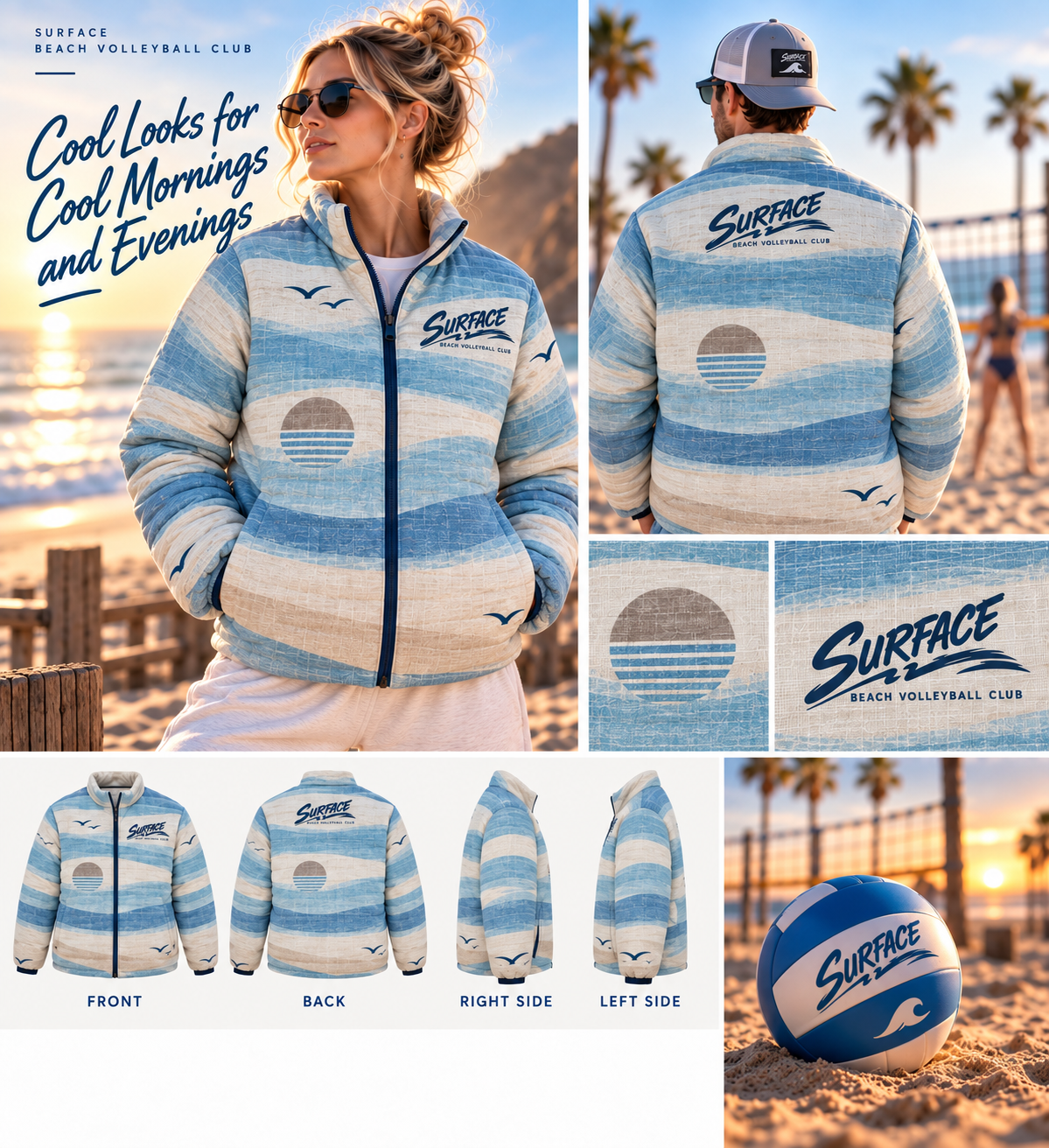 Surface Waves Puffer Jacket — Retro Coastal Blue All-Over Print