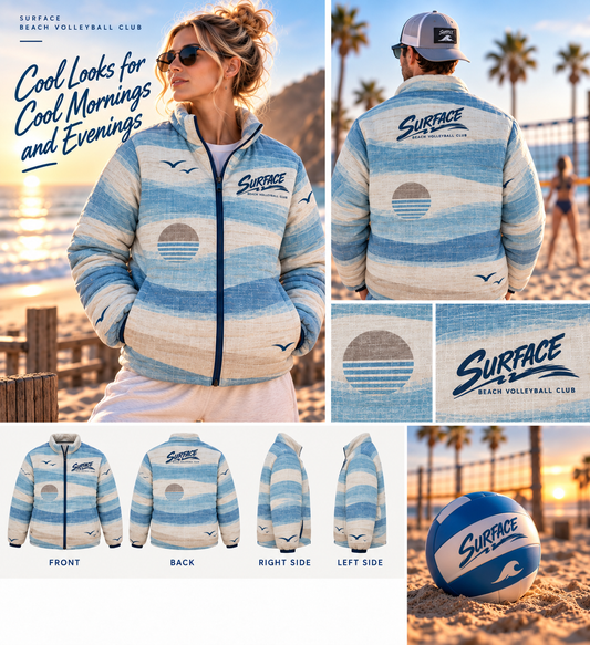 Surface Waves Puffer Jacket — Retro Coastal Blue All-Over Print