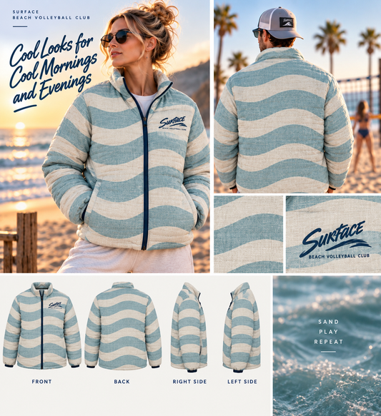 Surface Waves Puffer Jacket — Retro Coastal Blue All-Over Print