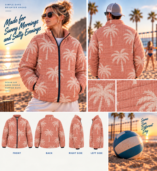 Palm Print Puffer Jacket — Coral Tropical Men’s Outerwear