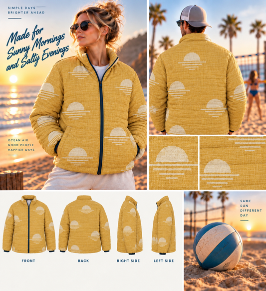 Pineapple Sunset Puffer Jacket — Retro  Coastal All-Over Print