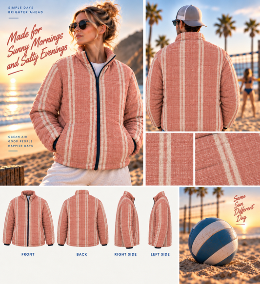 Striped Coral Puffer Jacket — Men's Lightweight Quilted Coat