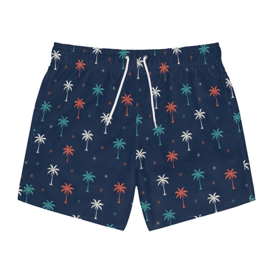 Navy Palm Print Swim Trunks — Retro Tropical Men's Beach Shorts