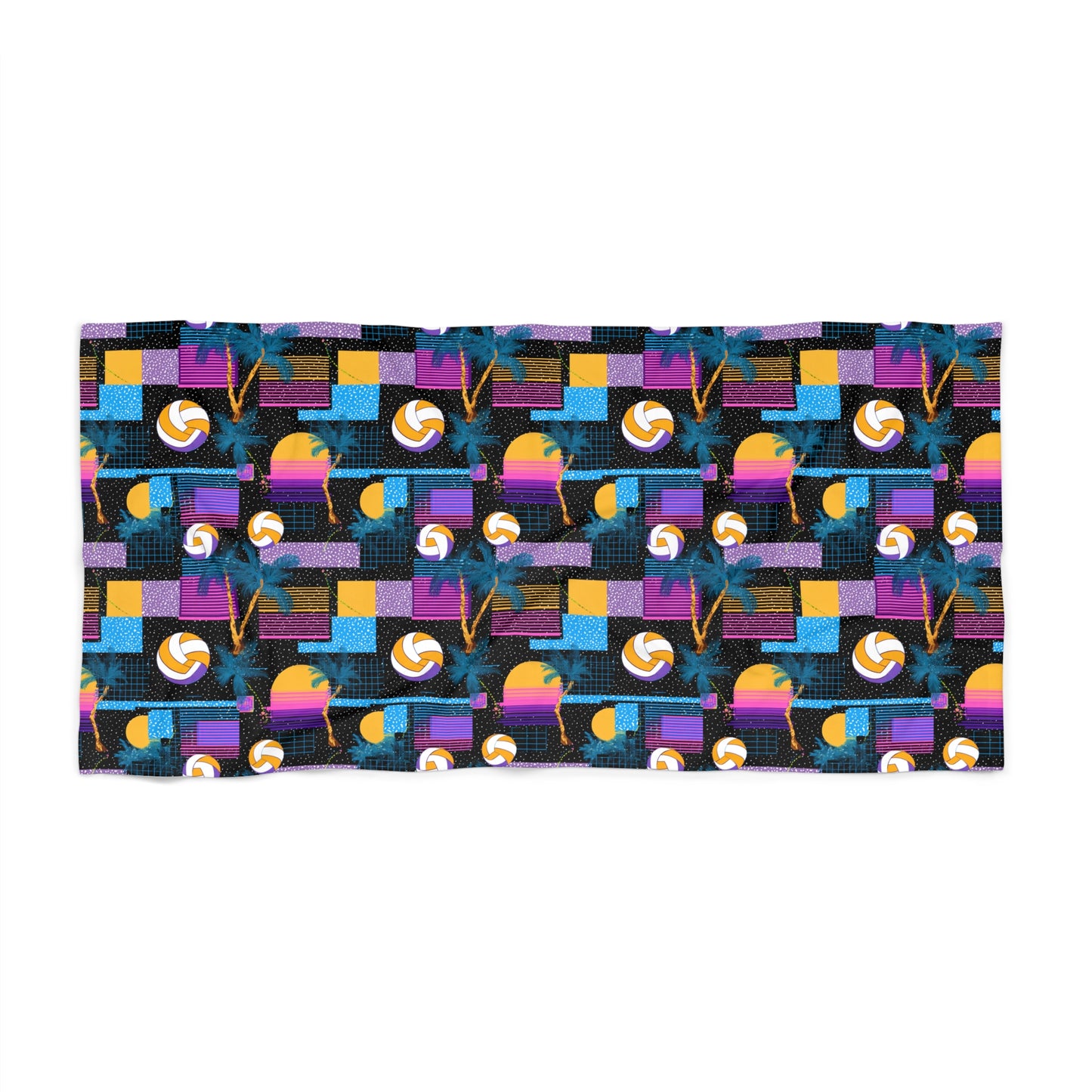 Retro Neon Surf & Palm Beach Towel — 80s Sunset Volleyball Pattern