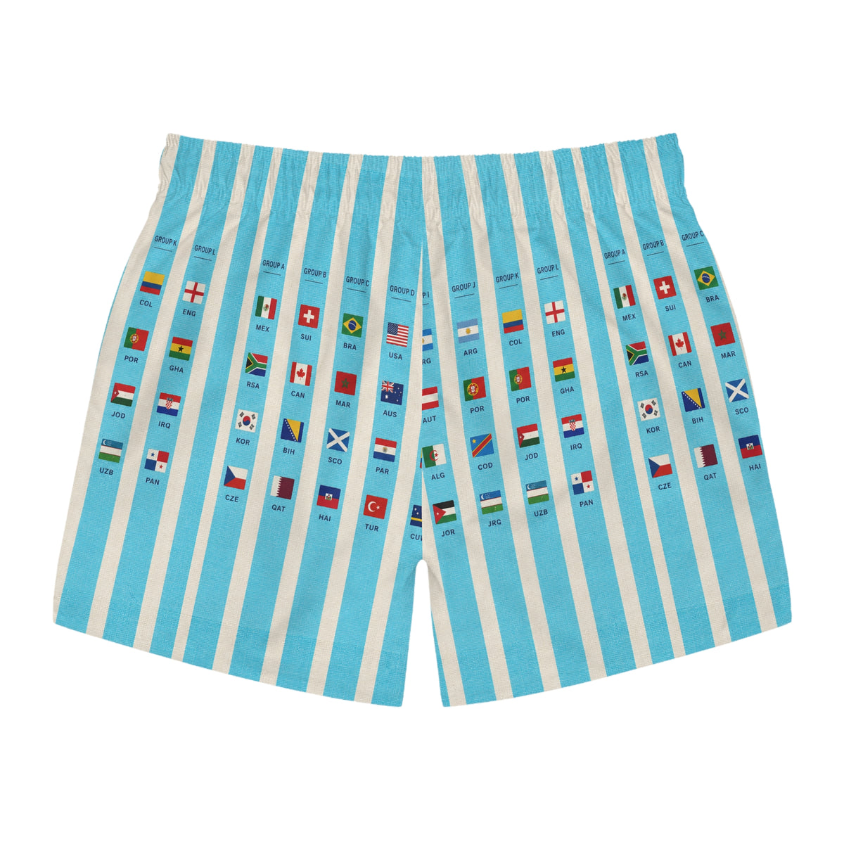Surfache World Cup Groups 2026- Flags Swim Trunks — Retro Striped Vacation Boardshorts