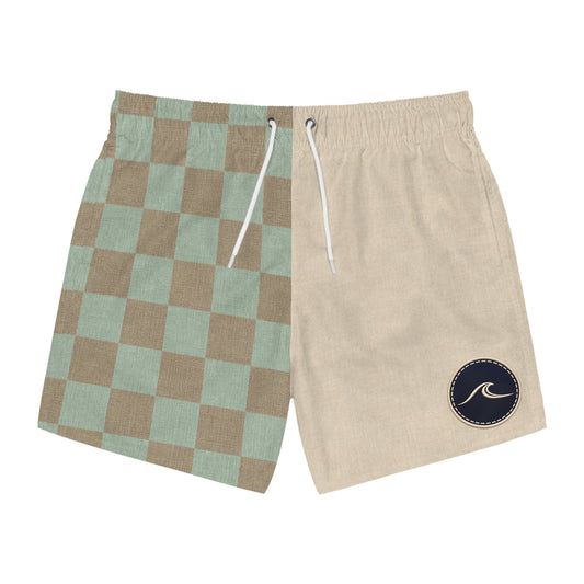 Surfache Club Checkerboard Split Swim Trunks — Retro Surf Logo Swim Shorts