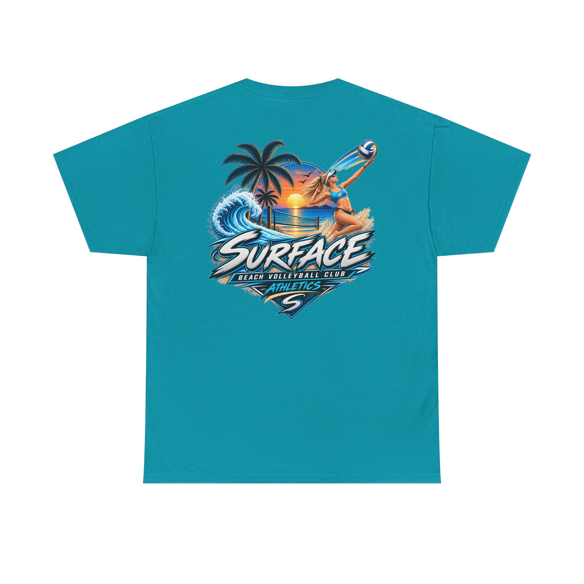 Surface Beach Volleyball Tee — Sunset Wave Palm Graphic T‑Shirt
