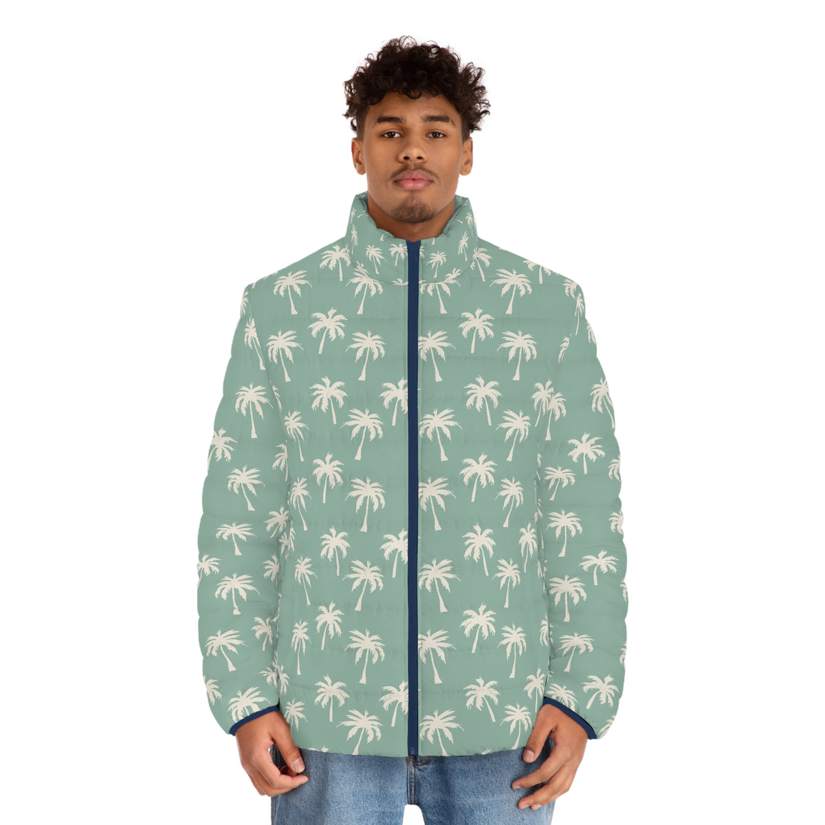 Palm Pattern Puffer Jacket — Green Tropical Print Men’s Puffer