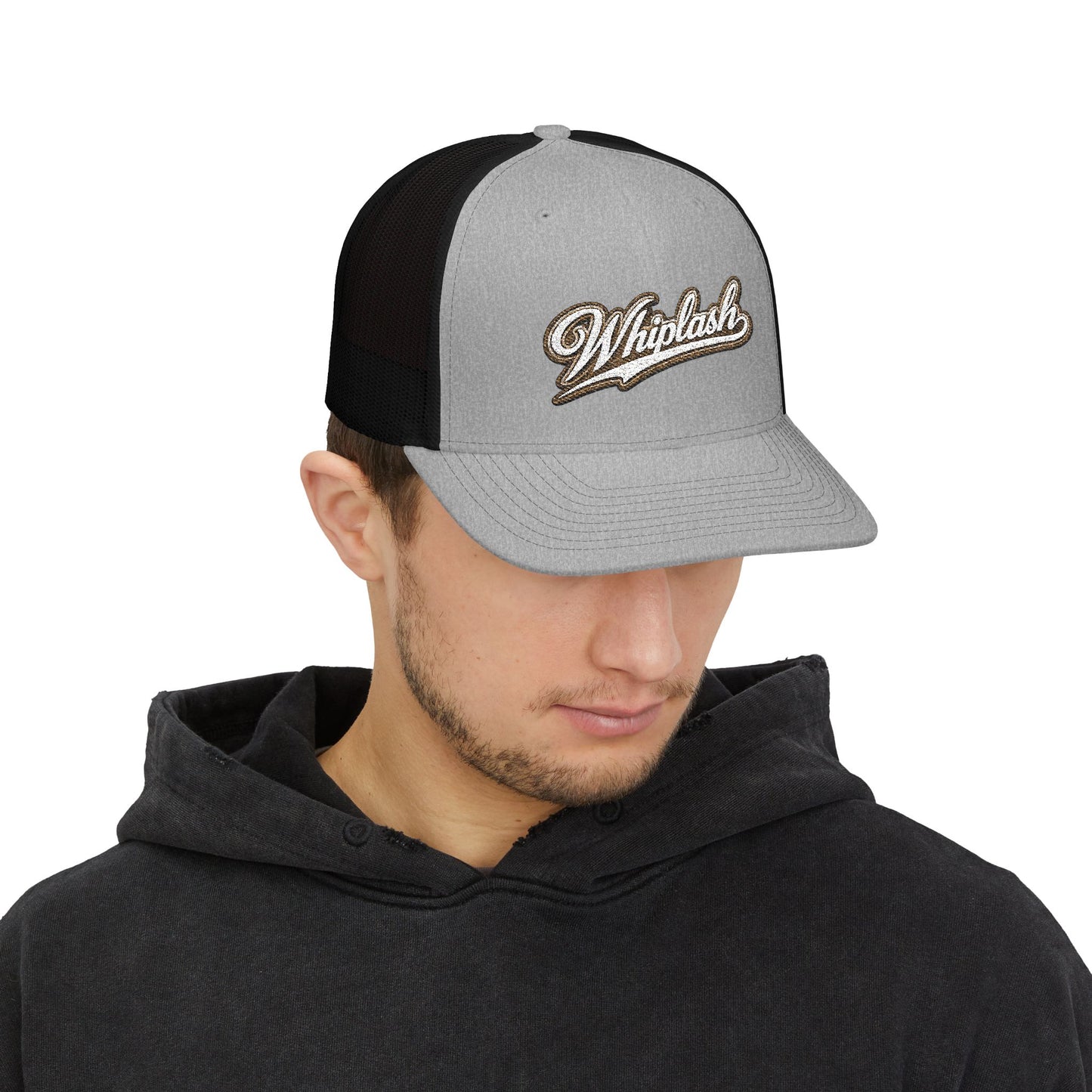 Whiplash Script Snapback Trucker Cap — Retro Baseball Mesh Hat