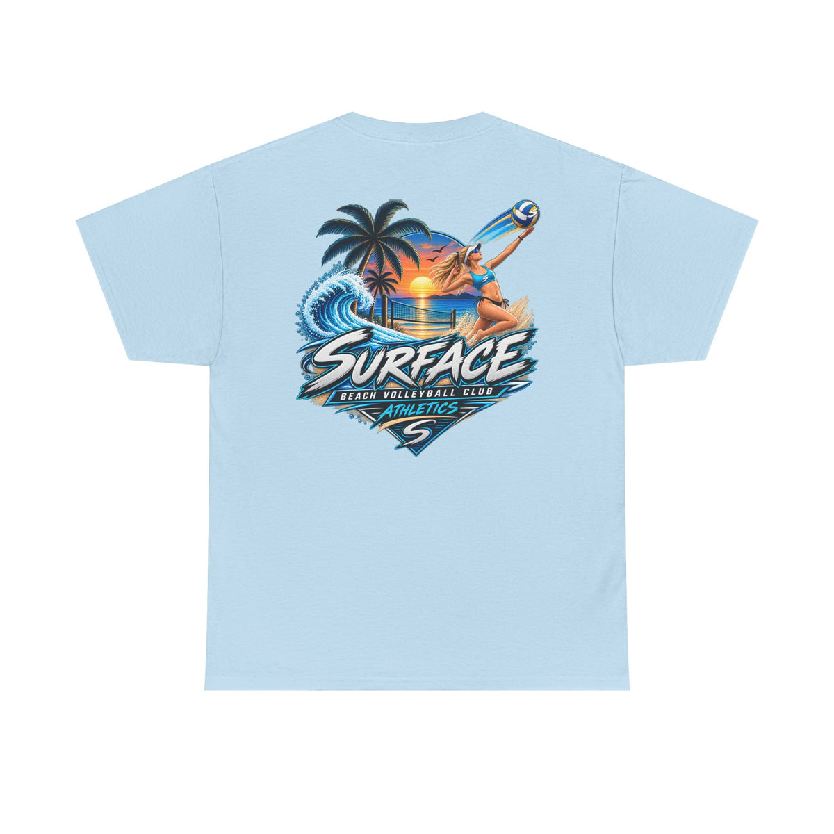 Surface Beach Volleyball Tee — Sunset Wave Palm Graphic T‑Shirt