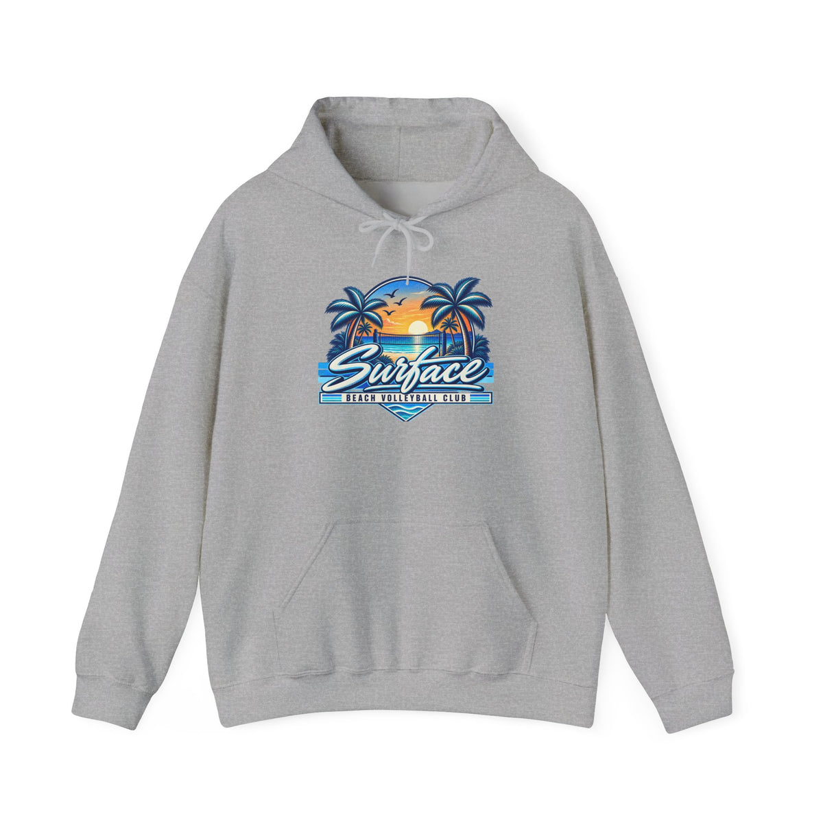 Surface Beach Club Hoodie — Retro Palm Sunset Surf Graphic