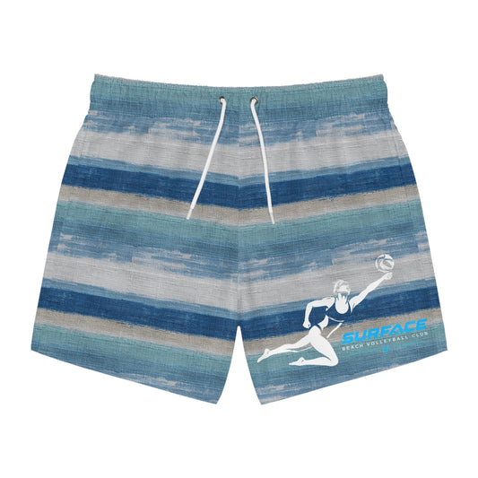 Striped Beach Volleyball Swim Trunks — Blue & Black All-Over Print