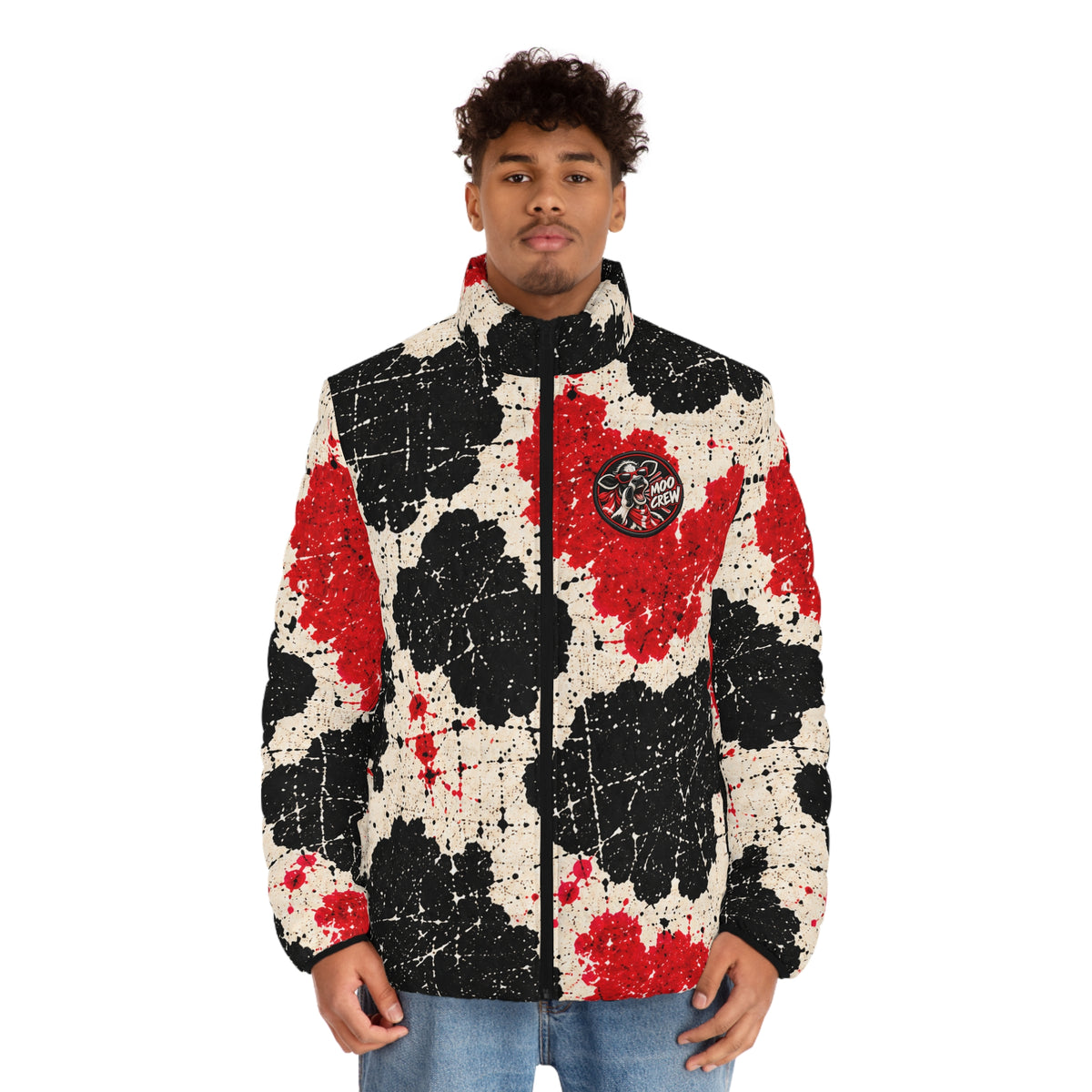 Moo Crew Calling The Here Men’s Puffer Jacket – Red, Black & Cream Abstract Splatter Print