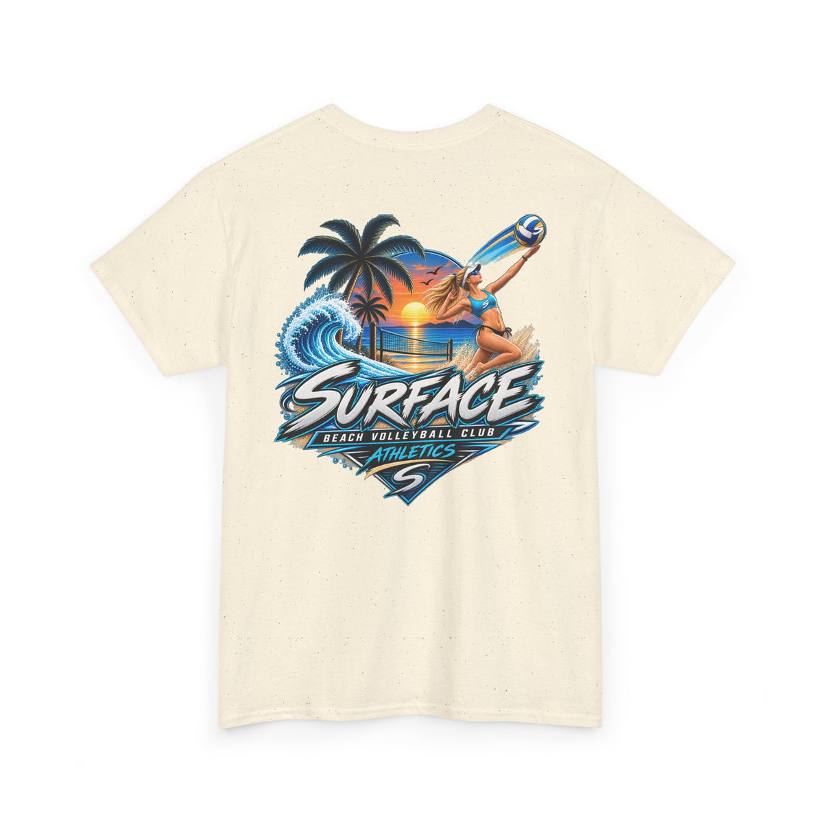 Surface Beach Volleyball Tee — Sunset Wave Palm Graphic T‑Shirt