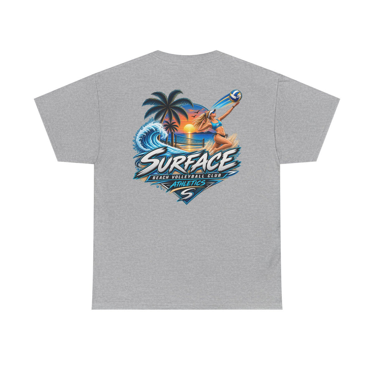 Surface Beach Volleyball Tee — Sunset Wave Palm Graphic T‑Shirt