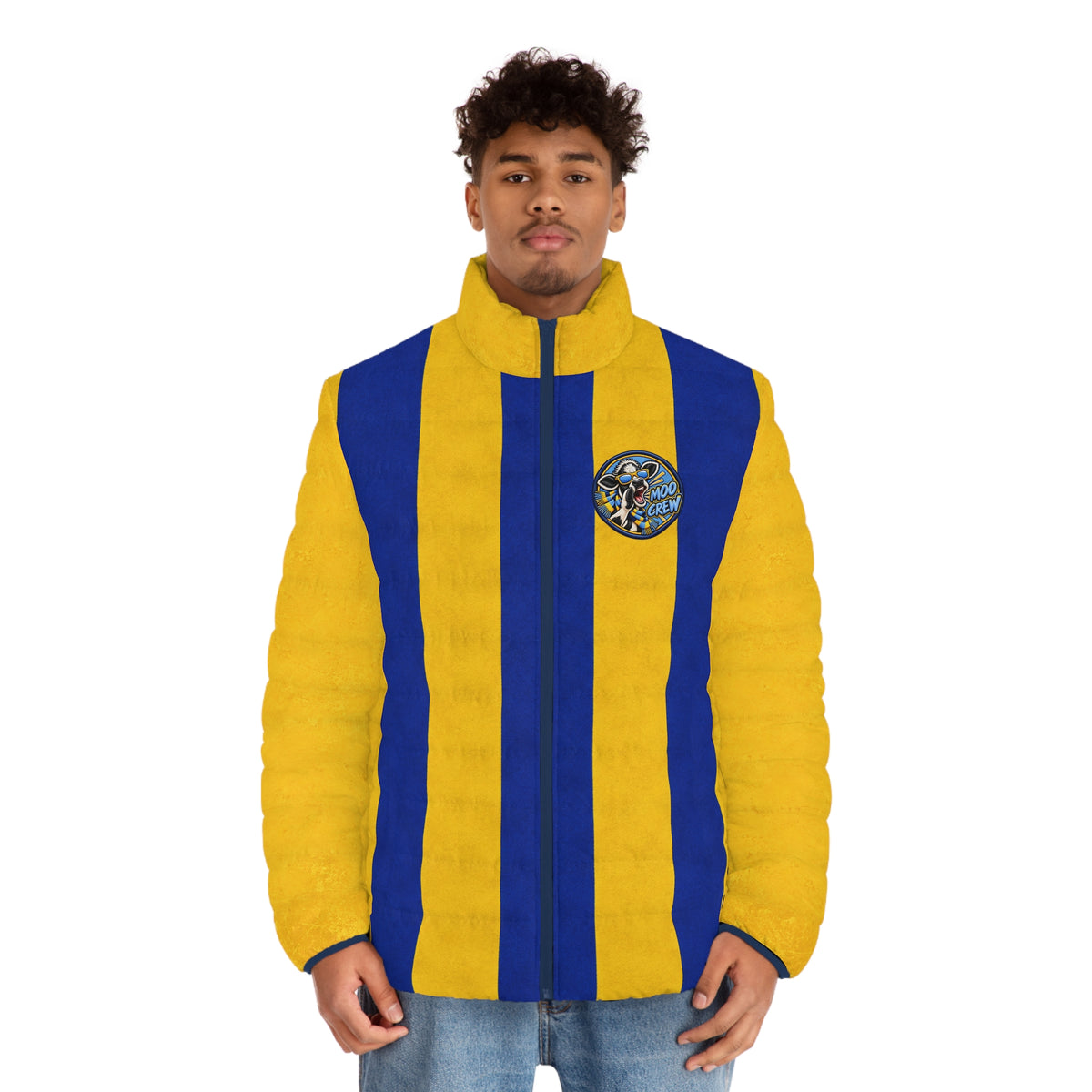 Moo Crew Rally Striped Call The Herd Puffer Men’s Printed Puffer Jacket