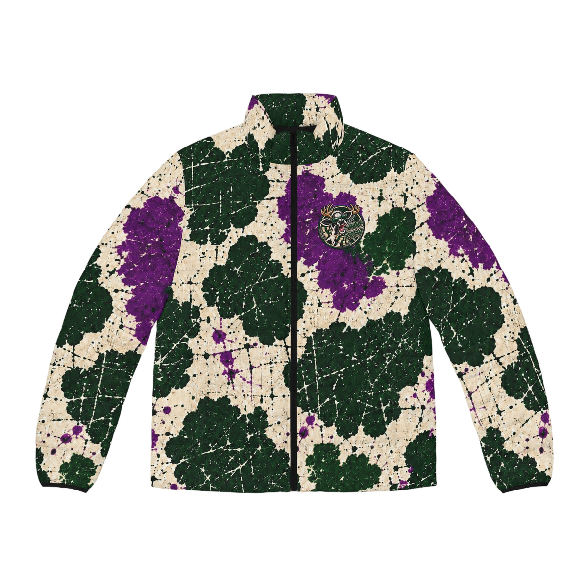 Moo Crew Calling the Here WI Teams Men's Abstract Purple and Green Holstein Puffer Jacket