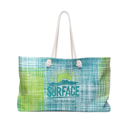Surf Vibe Weekender Bag — Blue Green Beach Tote with "Surface" Logo